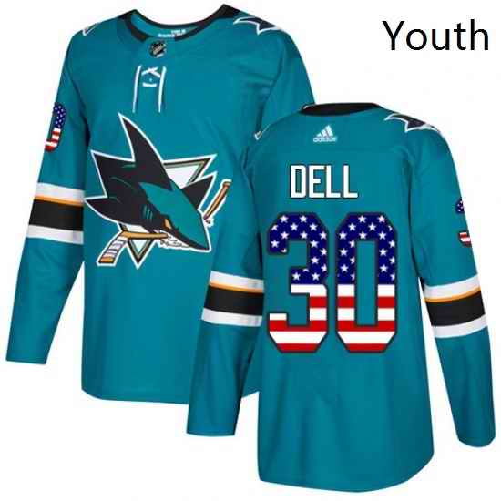 Youth Adidas San Jose Sharks 30 Aaron Dell Authentic Teal Green USA Flag Fashion NHL Jersey